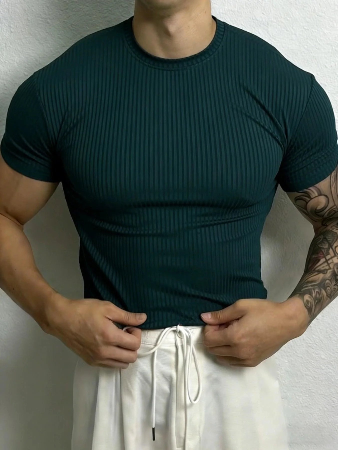 Men’s Stripe Fitness T-Shirt – Breathable High Collar Sport Tee men-tshirt AllTrendMart Dark Green S