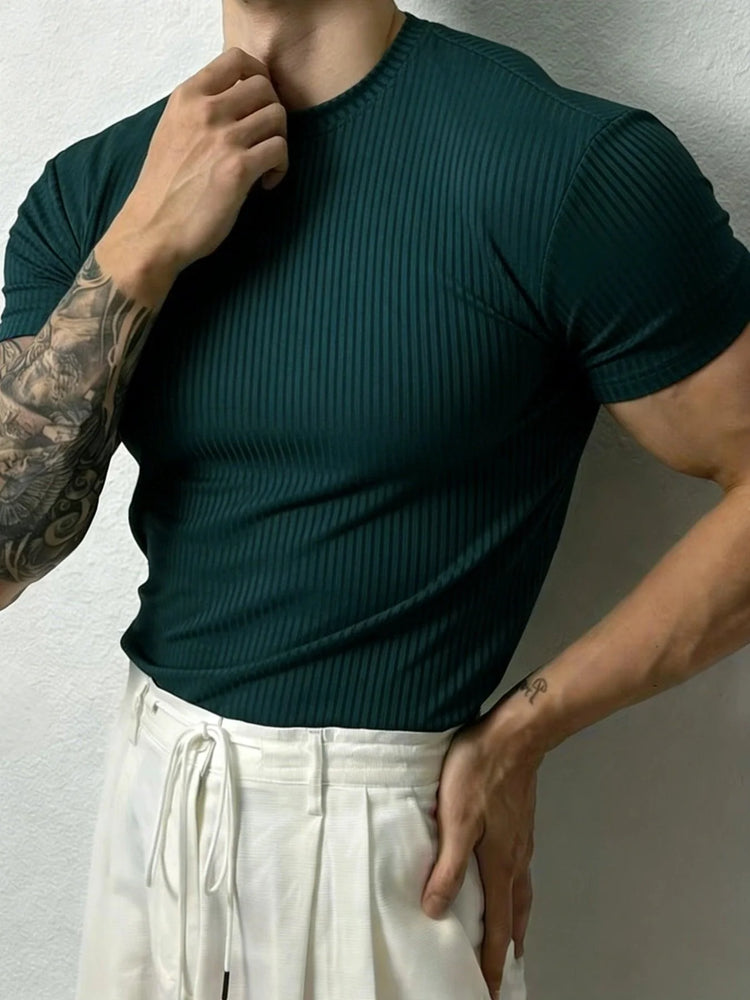 Men’s Stripe Fitness T-Shirt – Breathable High Collar Sport Tee men-tshirt AllTrendMart