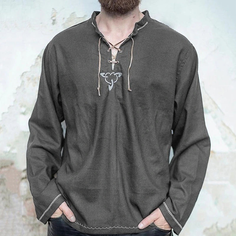 Men’s Stand Collar Long Sleeve T-Shirt – Casual Tie Neck Pullover Top men-tshirt AllTrendMart Dark Grey M