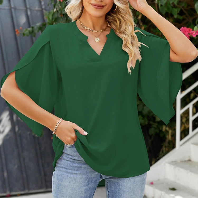 Women’s Petal Sleeve V-Neck T-Shirt – Loose Casual Chiffon Top women-tshirt AllTrendMart