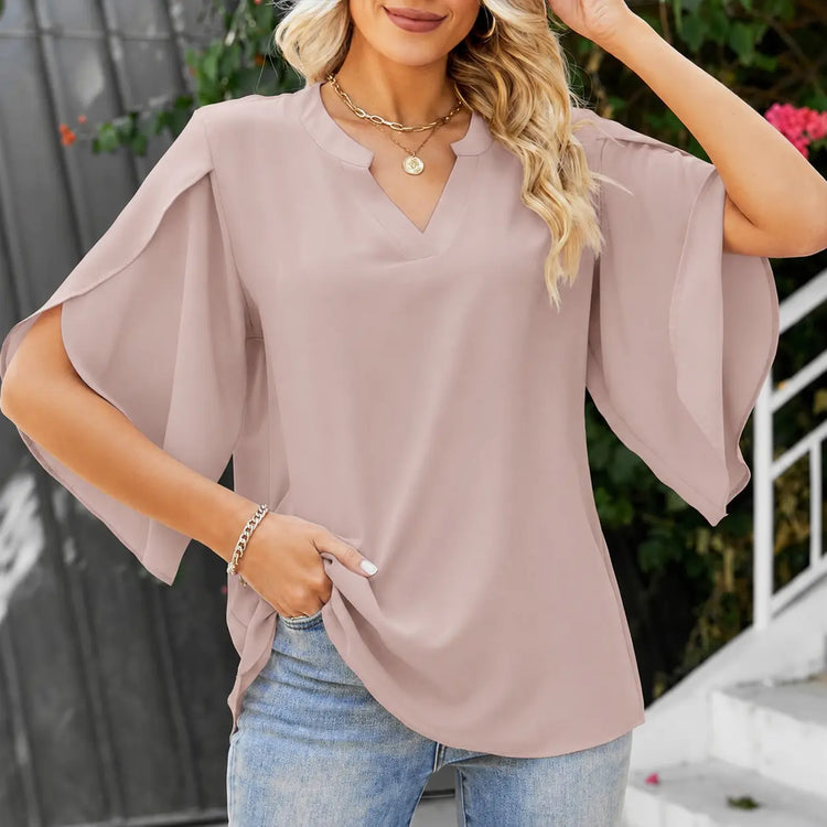 Women’s Petal Sleeve V-Neck T-Shirt – Loose Casual Chiffon Top women-tshirt AllTrendMart