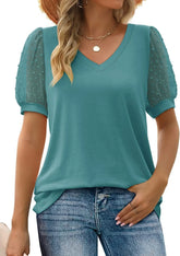 Women’s V-Neck Puff Sleeve T-Shirt – Casual Loose Fit Summer Top women-tshirt AllTrendMart