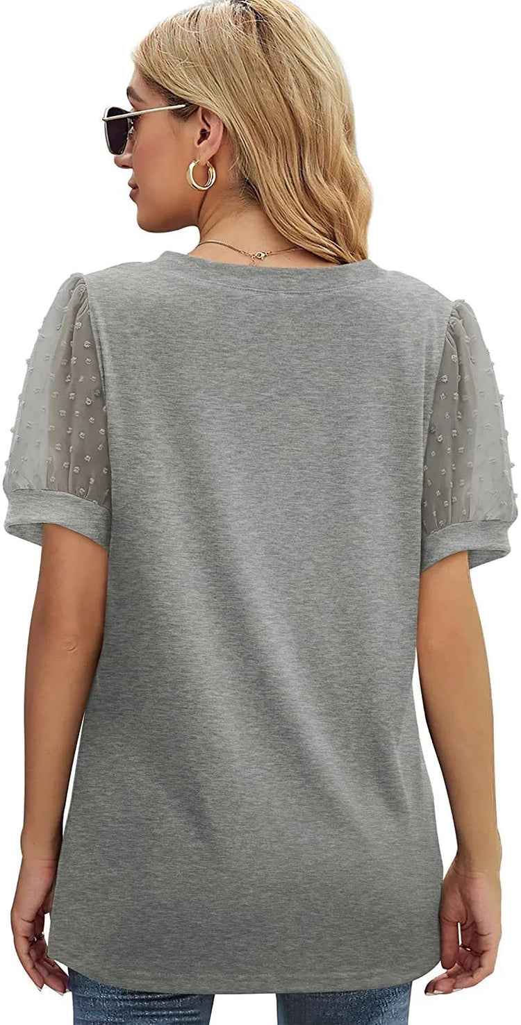 Women’s V-Neck Puff Sleeve T-Shirt – Casual Loose Fit Summer Top women-tshirt AllTrendMart