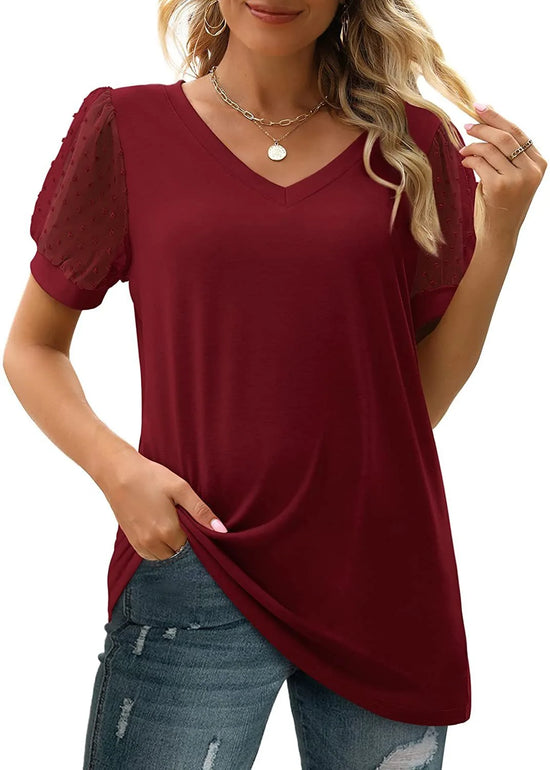 Women’s V-Neck Puff Sleeve T-Shirt – Casual Loose Fit Summer Top women-tshirt AllTrendMart