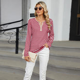 Women’s Striped V-Neck Long Sleeve T-Shirt – Loose Fit Casual Top women-tshirt AllTrendMart