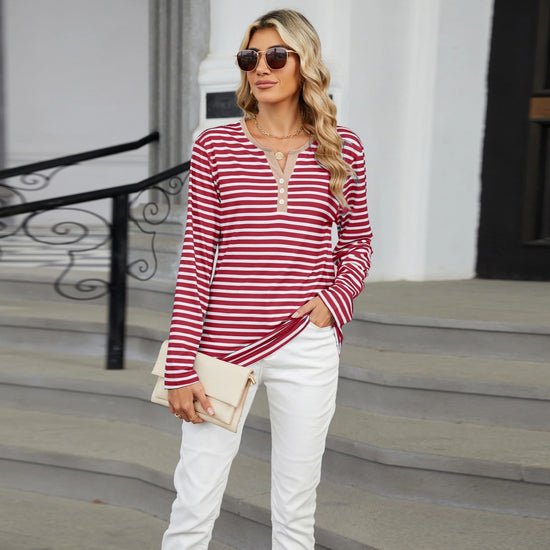 Women’s Striped V-Neck Long Sleeve T-Shirt – Loose Fit Casual Top women-tshirt AllTrendMart