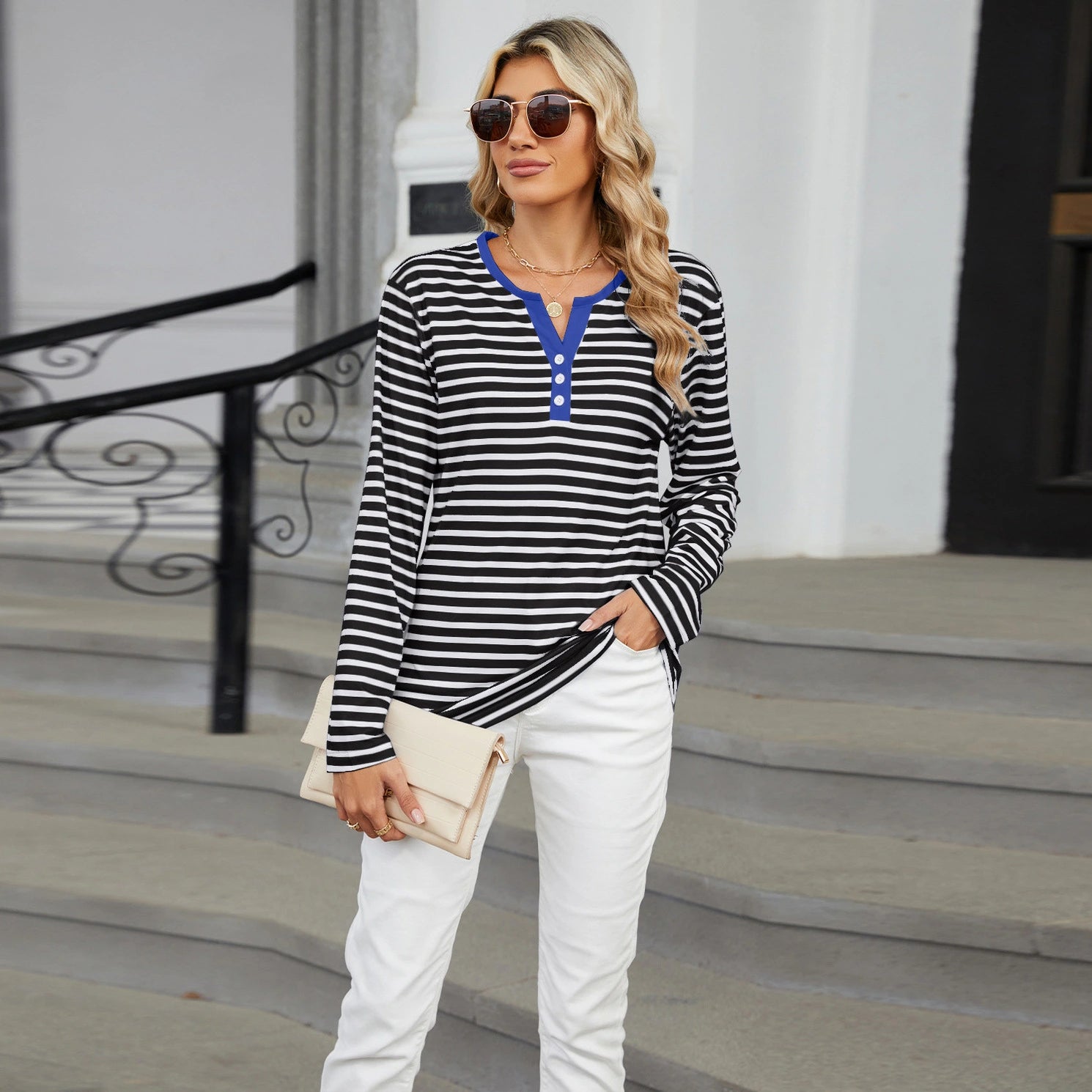 Women’s Striped V-Neck Long Sleeve T-Shirt – Loose Fit Casual Top women-tshirt AllTrendMart
