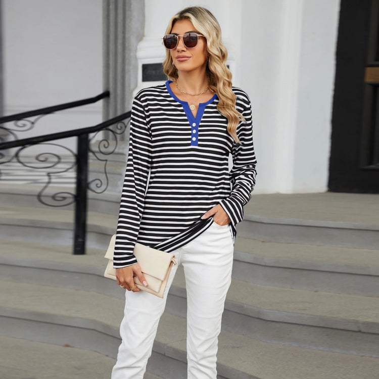 Women’s Striped V-Neck Long Sleeve T-Shirt – Loose Fit Casual Top women-tshirt AllTrendMart