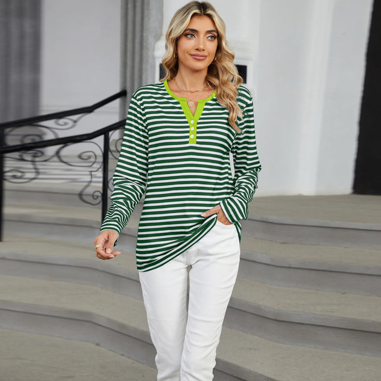 Women’s Striped V-Neck Long Sleeve T-Shirt – Loose Fit Casual Top women-tshirt AllTrendMart