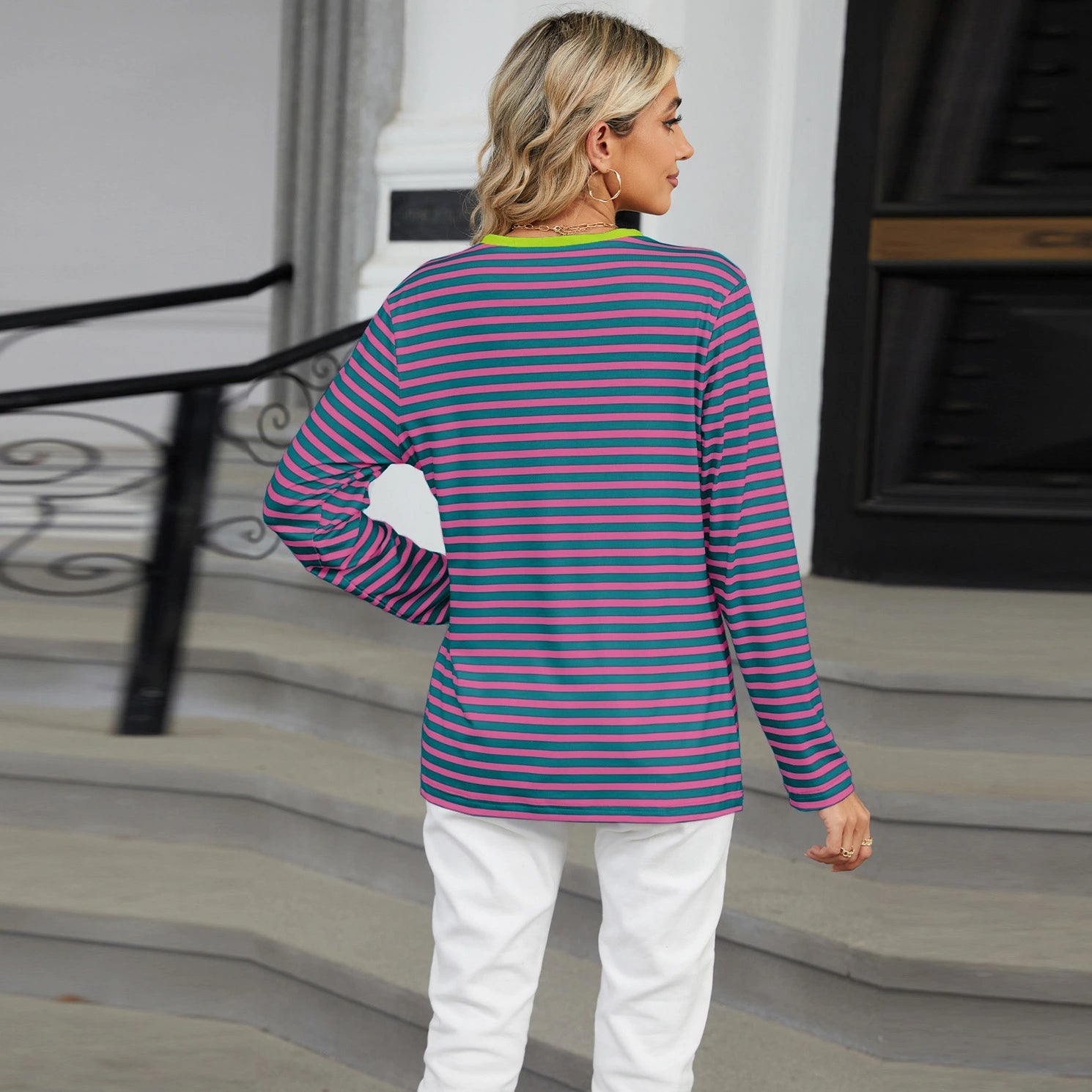 Women’s Striped V-Neck Long Sleeve T-Shirt – Loose Fit Casual Top women-tshirt AllTrendMart