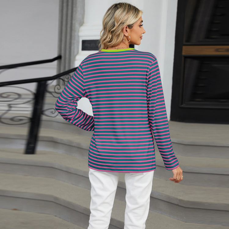 Women’s Striped V-Neck Long Sleeve T-Shirt – Loose Fit Casual Top women-tshirt AllTrendMart