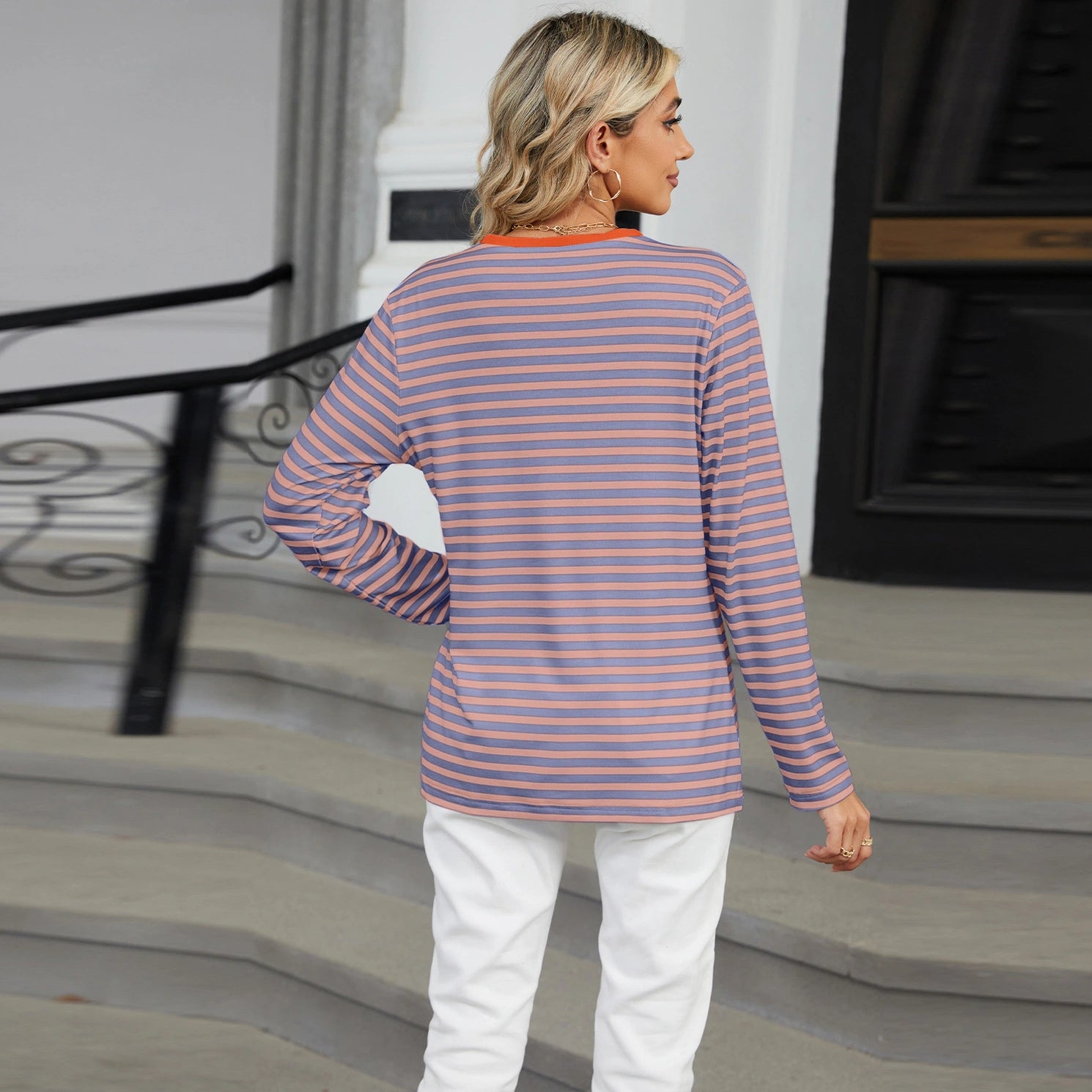 Women’s Striped V-Neck Long Sleeve T-Shirt – Loose Fit Casual Top women-tshirt AllTrendMart