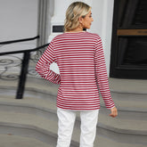 Women’s Striped V-Neck Long Sleeve T-Shirt – Loose Fit Casual Top women-tshirt AllTrendMart