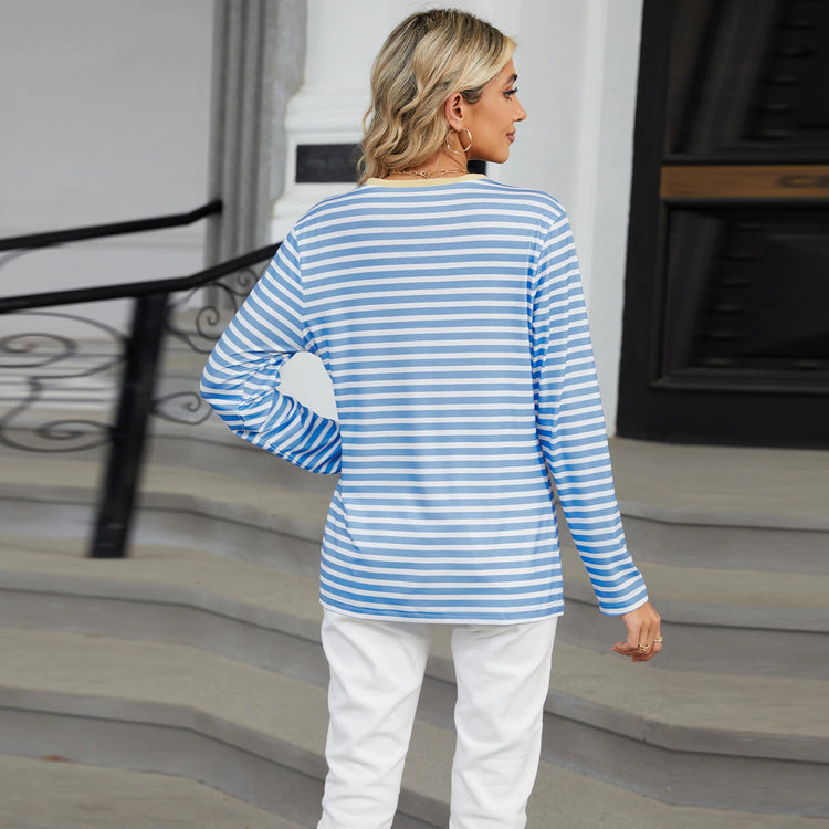 Women’s Striped V-Neck Long Sleeve T-Shirt – Loose Fit Casual Top women-tshirt AllTrendMart
