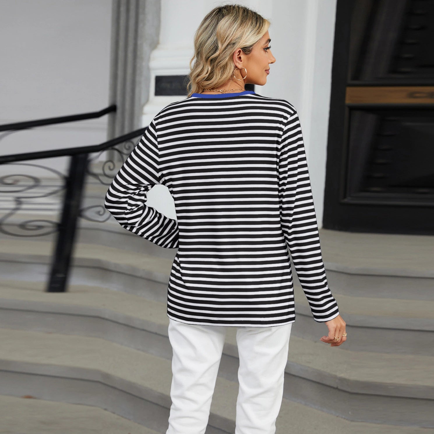 Women’s Striped V-Neck Long Sleeve T-Shirt – Loose Fit Casual Top women-tshirt AllTrendMart
