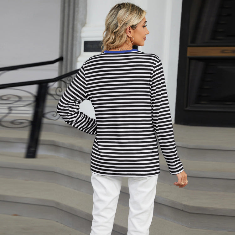Women’s Striped V-Neck Long Sleeve T-Shirt – Loose Fit Casual Top women-tshirt AllTrendMart