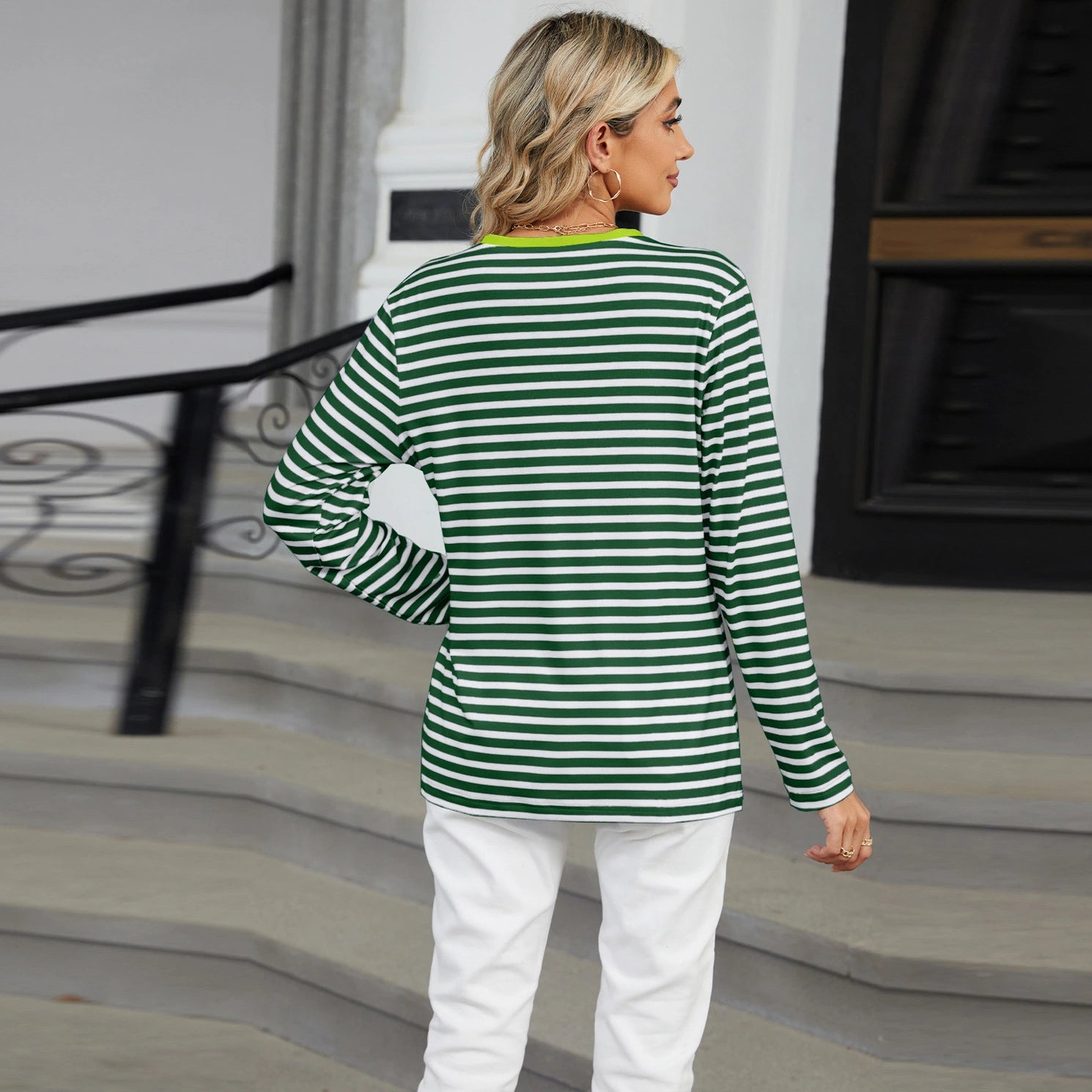Women’s Striped V-Neck Long Sleeve T-Shirt – Loose Fit Casual Top women-tshirt AllTrendMart