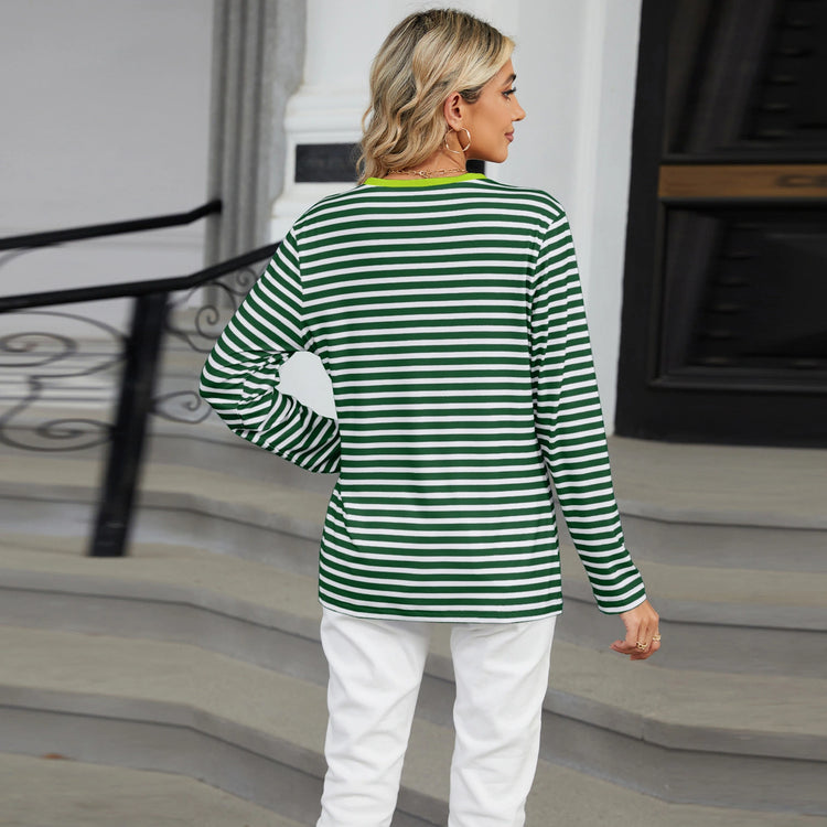 Women’s Striped V-Neck Long Sleeve T-Shirt – Loose Fit Casual Top women-tshirt AllTrendMart