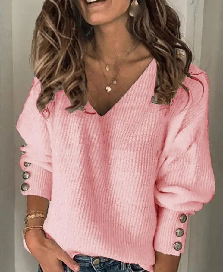 Women’s Cotton V-Neck Long Sleeve T-Shirt – Loose Fit Casual Top women-tshirt AllTrendMart