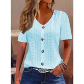 Women’s Jacquard V-Neck Button T-Shirt – Short Sleeve Casual Top women-tshirt AllTrendMart