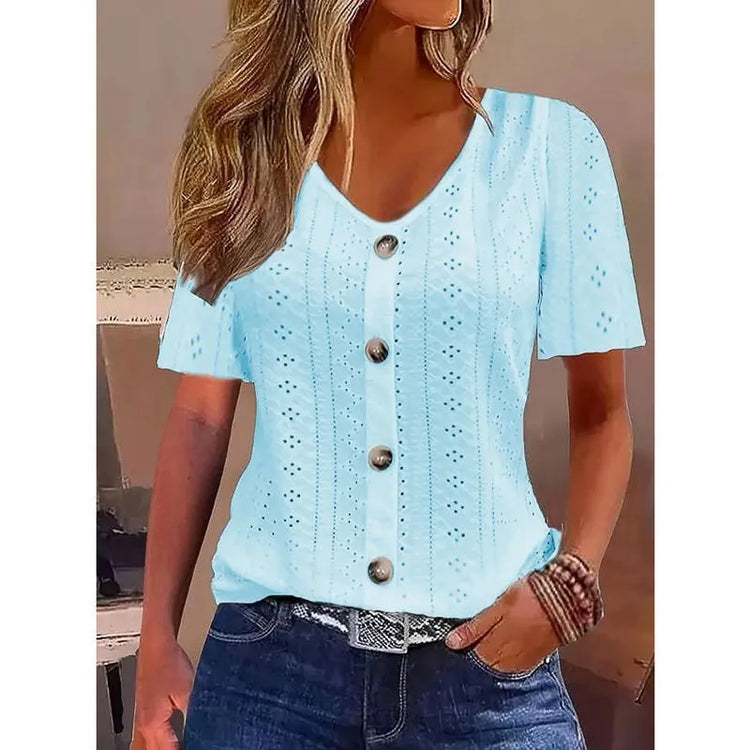 Women’s Jacquard V-Neck Button T-Shirt – Short Sleeve Casual Top women-tshirt AllTrendMart