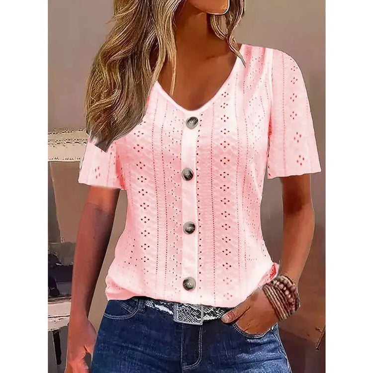 Women’s Jacquard V-Neck Button T-Shirt – Short Sleeve Casual Top women-tshirt AllTrendMart