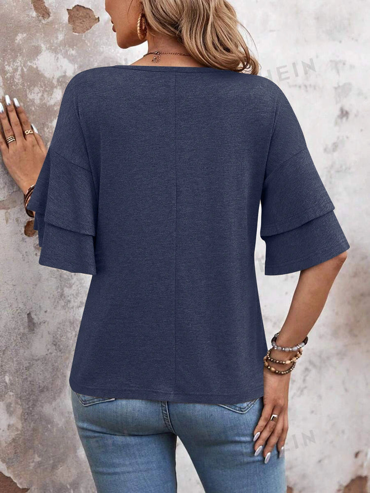Women’s V-Neck Ruffle Sleeve T-Shirt – Loose Fit Casual Mid Sleeve Top women-tshirt AllTrendMart