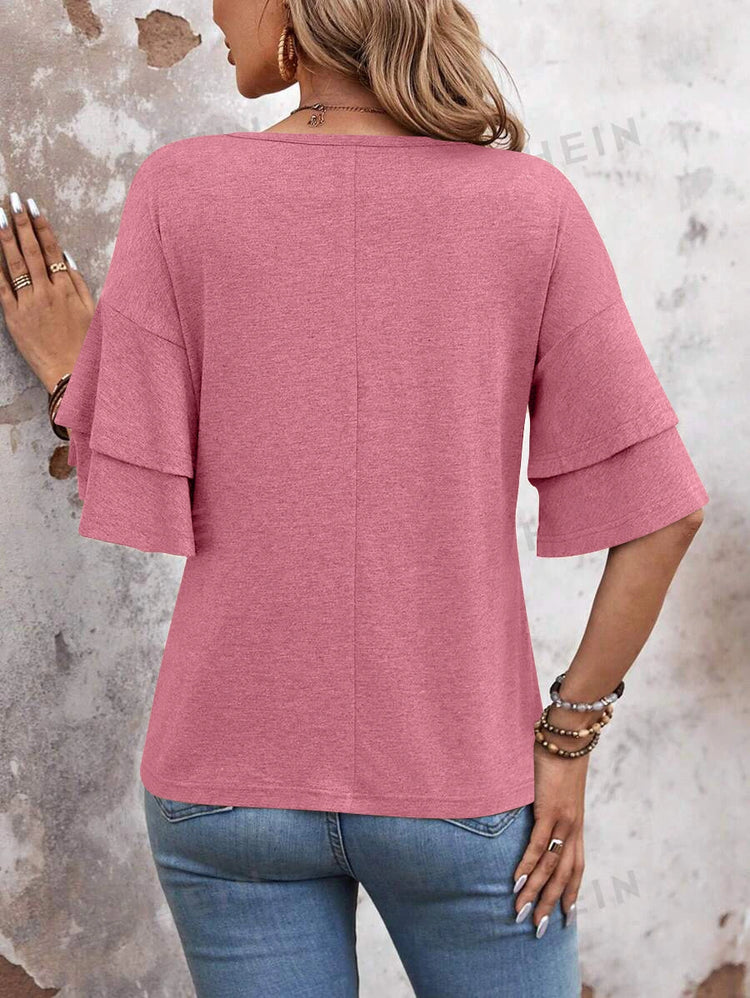 Women’s V-Neck Ruffle Sleeve T-Shirt – Loose Fit Casual Mid Sleeve Top women-tshirt AllTrendMart