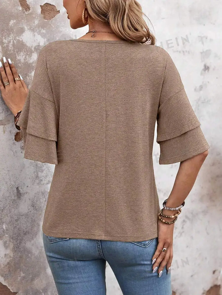 Women’s V-Neck Ruffle Sleeve T-Shirt – Loose Fit Casual Mid Sleeve Top women-tshirt AllTrendMart