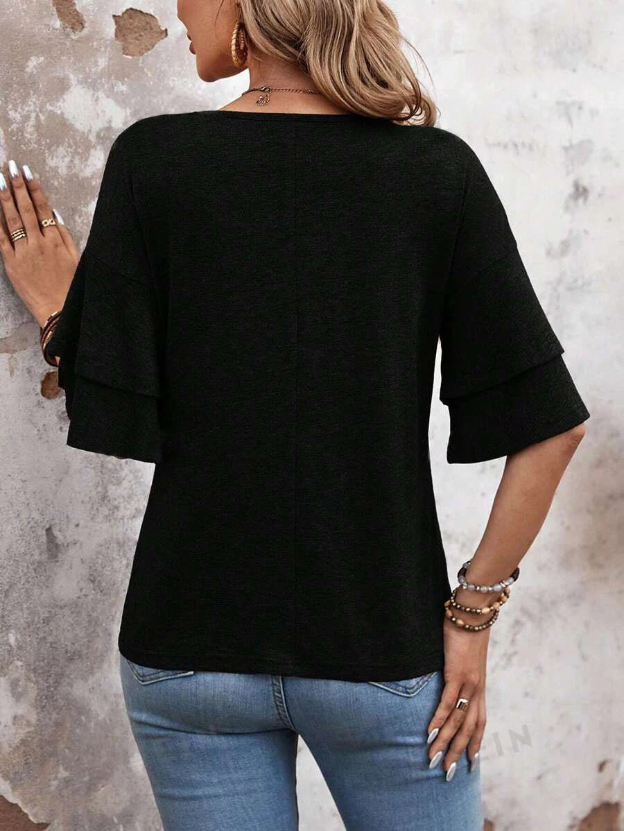 Women’s V-Neck Ruffle Sleeve T-Shirt – Loose Fit Casual Mid Sleeve Top women-tshirt AllTrendMart