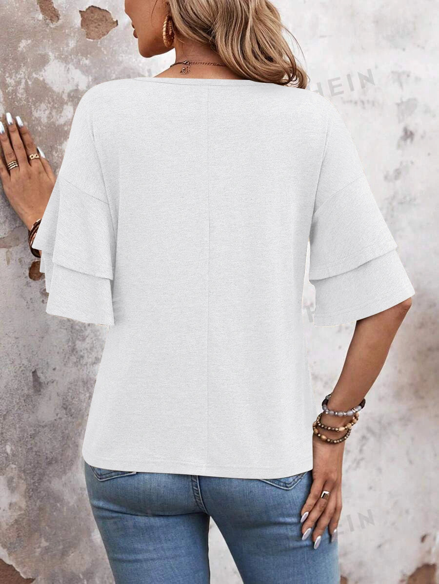 Women’s V-Neck Ruffle Sleeve T-Shirt – Loose Fit Casual Mid Sleeve Top women-tshirt AllTrendMart
