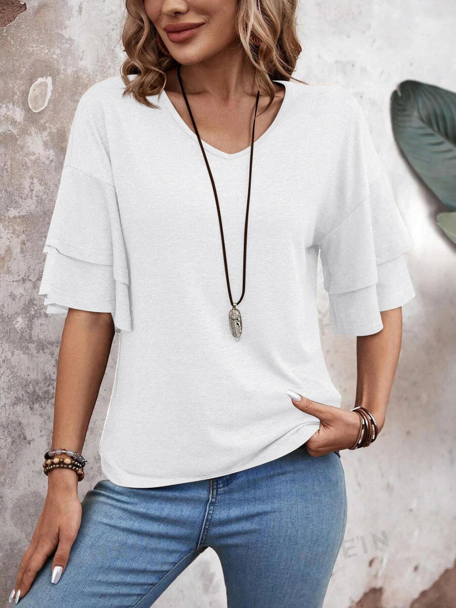 Women’s V-Neck Ruffle Sleeve T-Shirt – Loose Fit Casual Mid Sleeve Top women-tshirt AllTrendMart