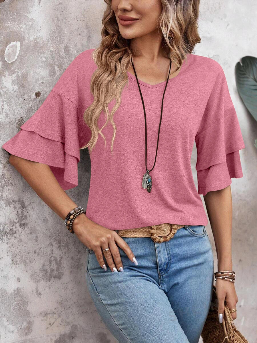 Women’s V-Neck Ruffle Sleeve T-Shirt – Loose Fit Casual Mid Sleeve Top women-tshirt AllTrendMart
