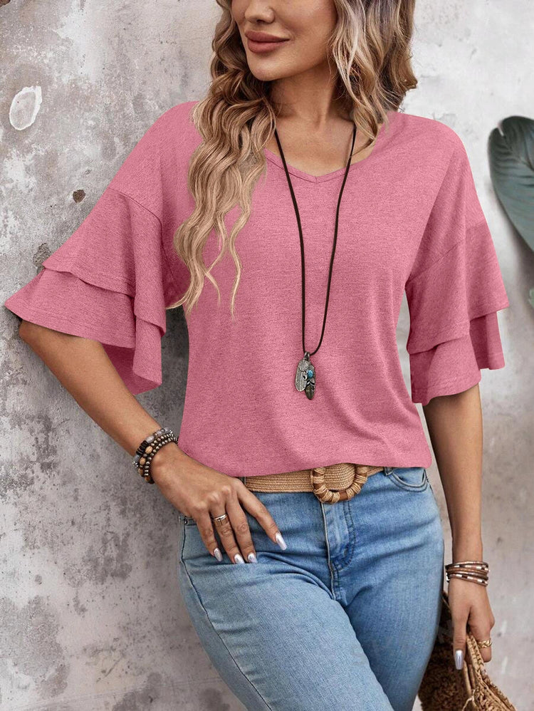 Women’s V-Neck Ruffle Sleeve T-Shirt – Loose Fit Casual Mid Sleeve Top women-tshirt AllTrendMart