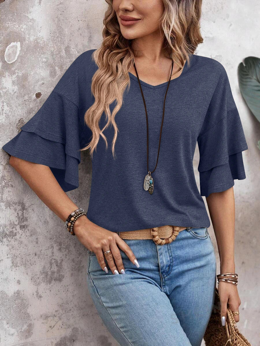 Women’s V-Neck Ruffle Sleeve T-Shirt – Loose Fit Casual Mid Sleeve Top women-tshirt AllTrendMart