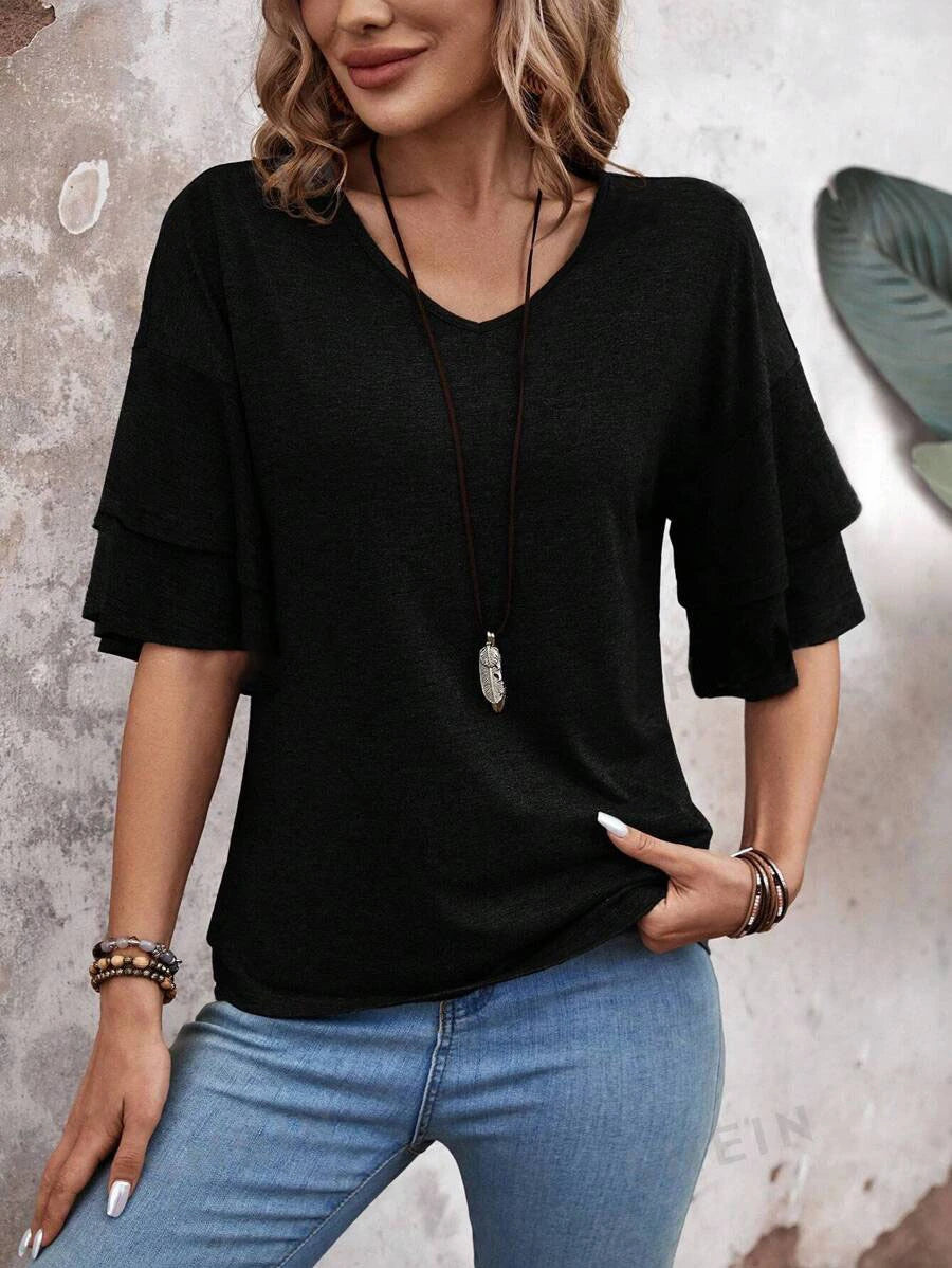 Women’s V-Neck Ruffle Sleeve T-Shirt – Loose Fit Casual Mid Sleeve Top women-tshirt AllTrendMart