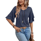Women’s V-Neck Ruffle Sleeve T-Shirt – Loose Fit Casual Mid Sleeve Top women-tshirt AllTrendMart Grey M
