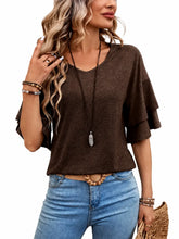 Women’s V-Neck Ruffle Sleeve T-Shirt – Loose Fit Casual Mid Sleeve Top women-tshirt AllTrendMart Coffee Brown L