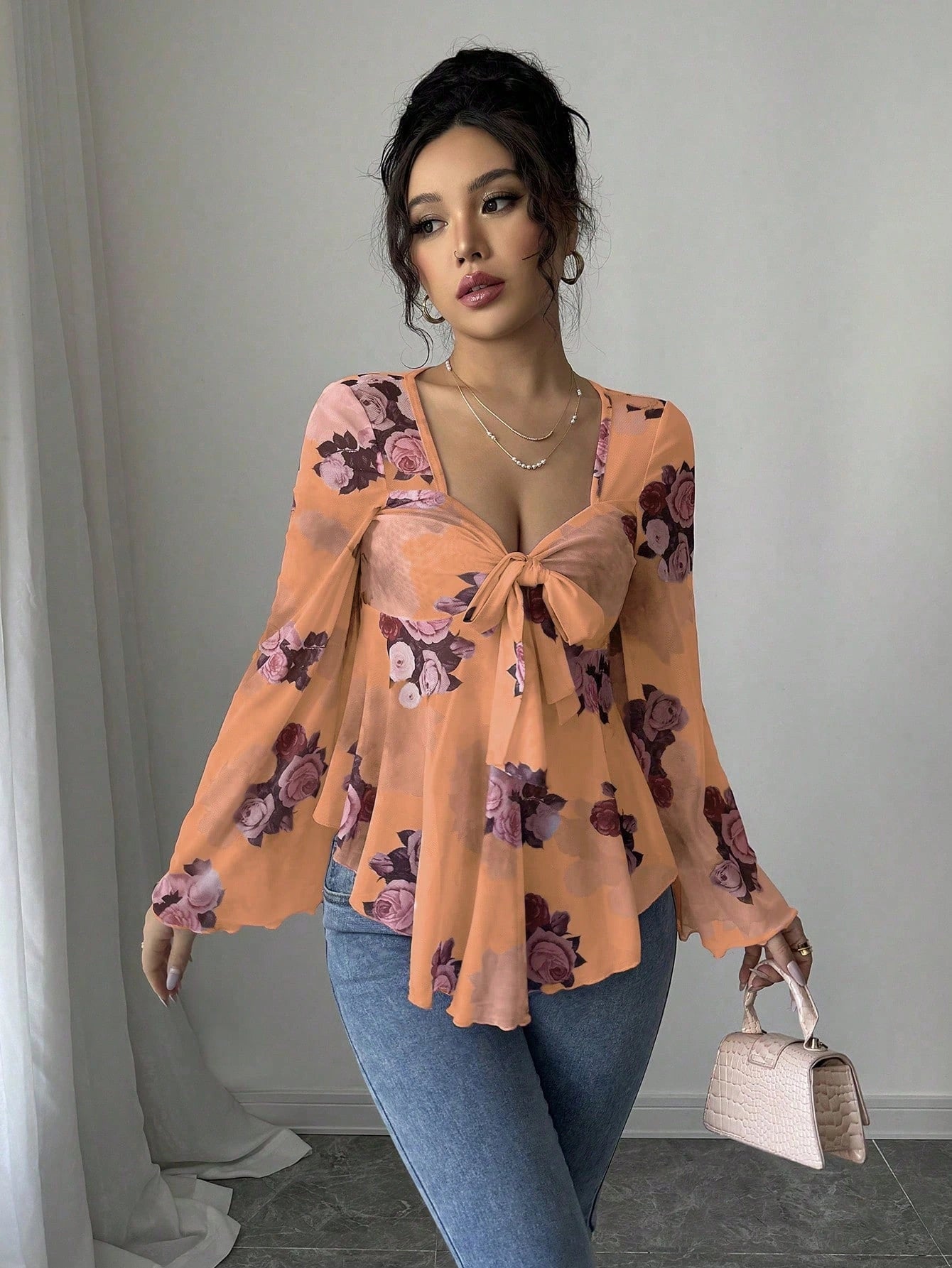 Women’s Floral Lace-Up Square Neck T-Shirt – Long Sleeve Casual Top - AllTrendMart - image 12