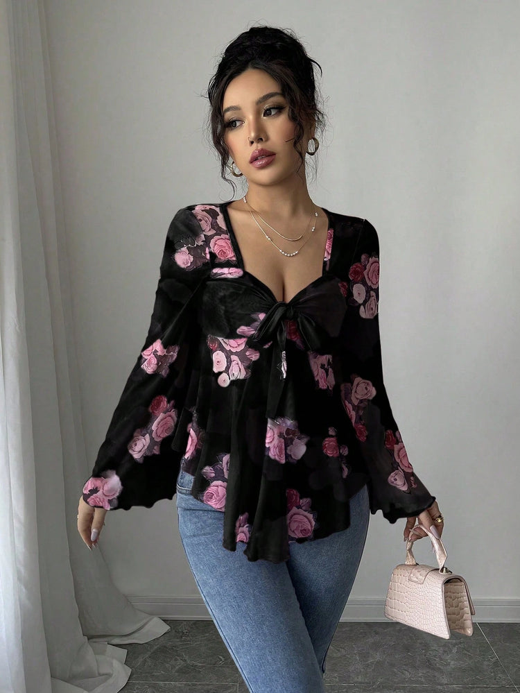Women’s Floral Lace-Up Square Neck T-Shirt – Long Sleeve Casual Top - AllTrendMart - image 6