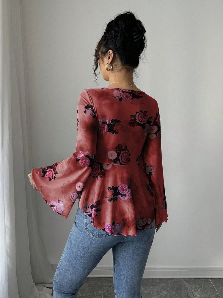 Women’s Floral Lace-Up Square Neck T-Shirt – Long Sleeve Casual Top - AllTrendMart - image 3