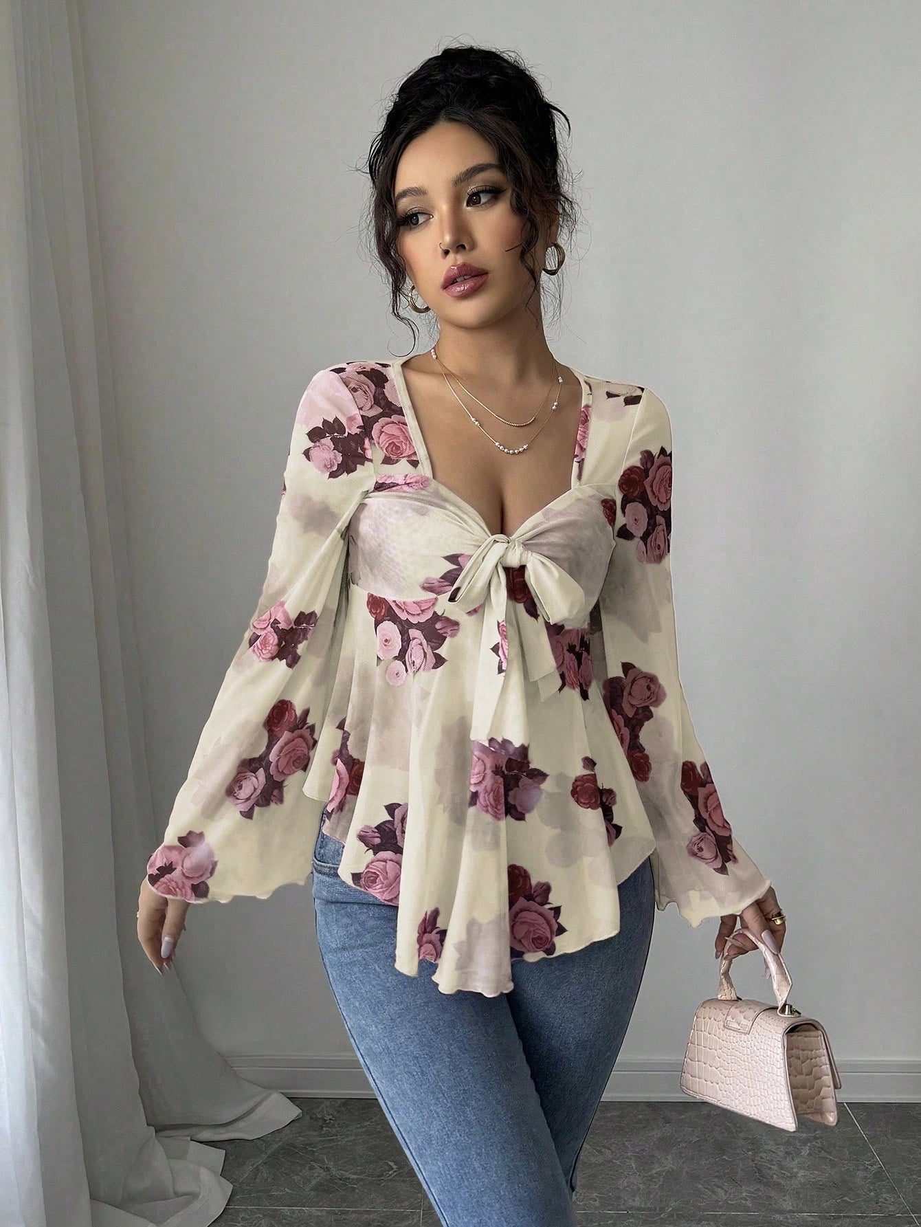 Women’s Floral Lace-Up Square Neck T-Shirt – Long Sleeve Casual Top - AllTrendMart - image 4
