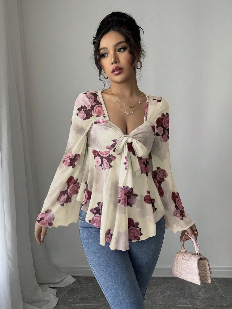 Women’s Floral Lace-Up Square Neck T-Shirt – Long Sleeve Casual Top - AllTrendMart - image 4