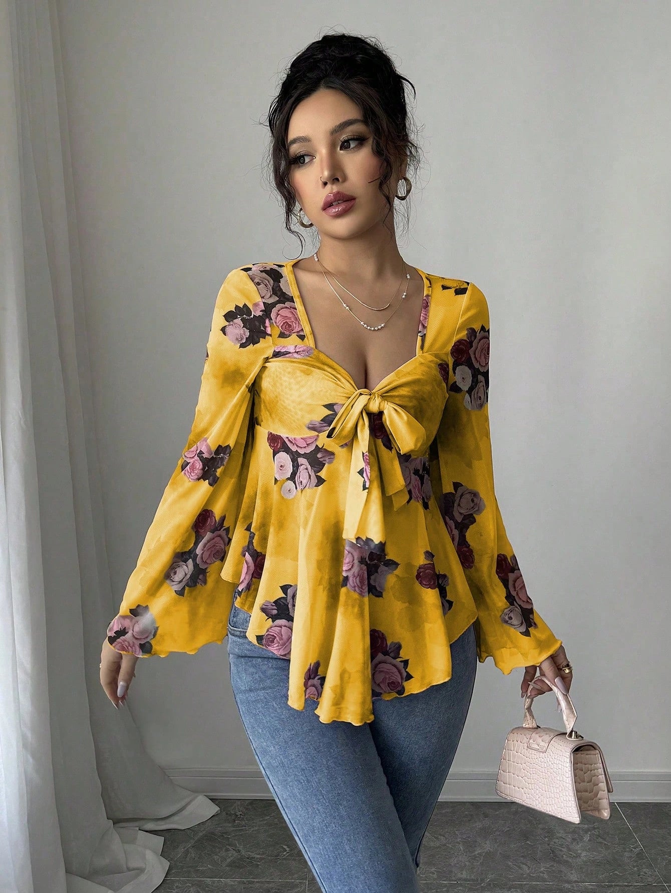 Women’s Floral Lace-Up Square Neck T-Shirt – Long Sleeve Casual Top - AllTrendMart - image 1