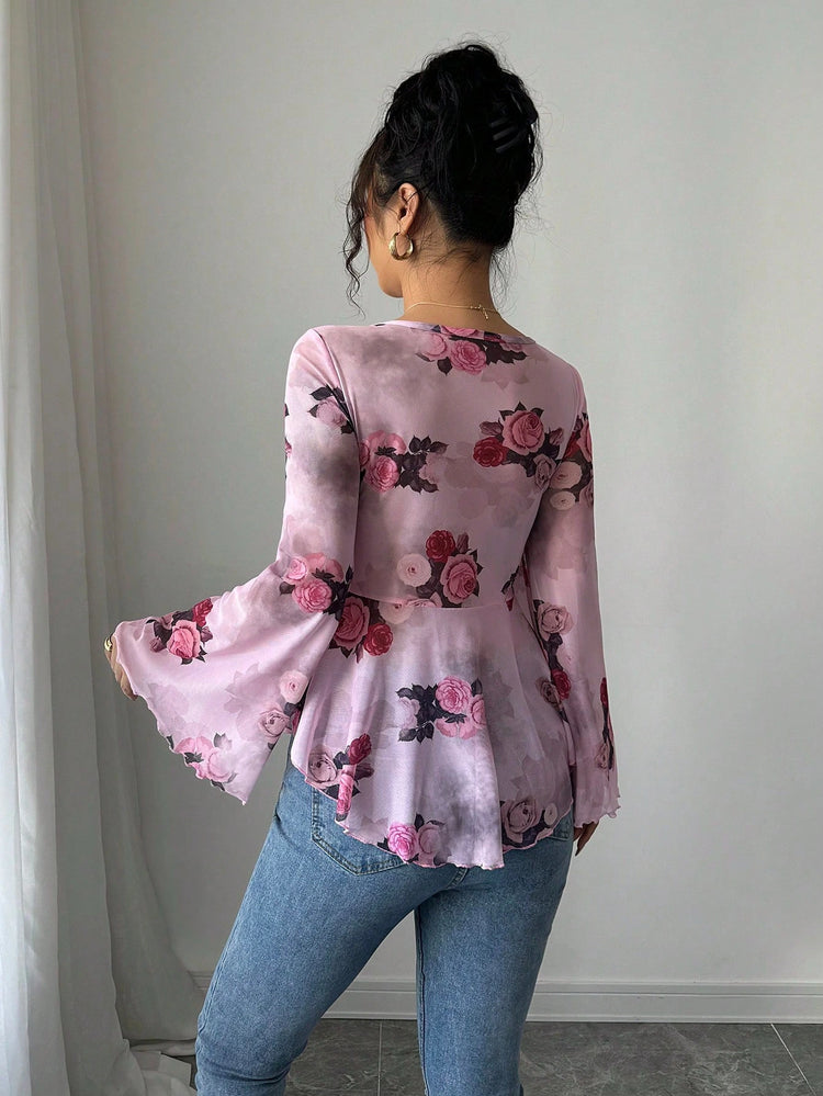 Women’s Floral Lace-Up Square Neck T-Shirt – Long Sleeve Casual Top - AllTrendMart - image 9