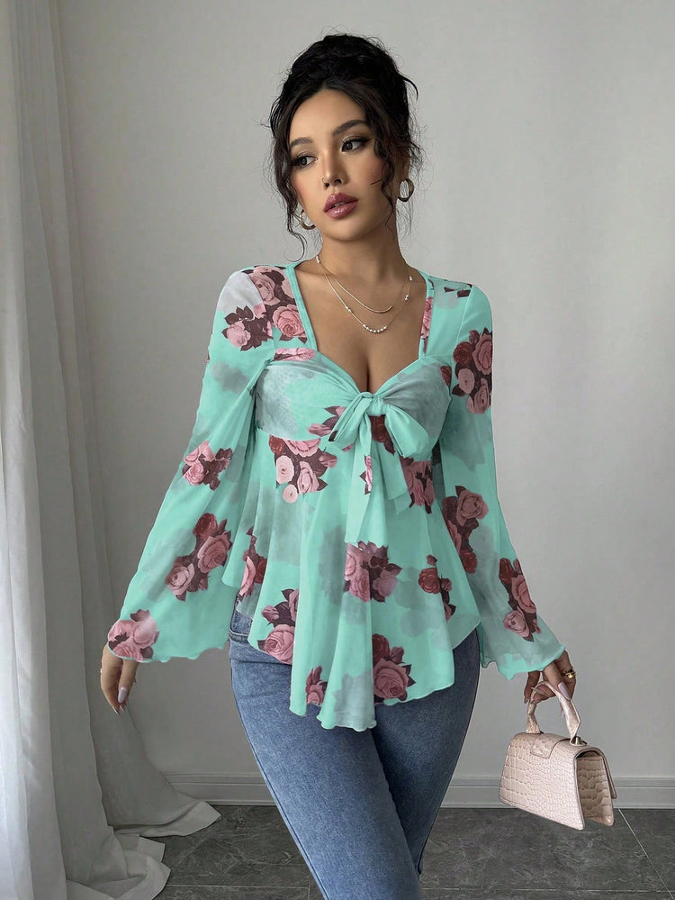 Women’s Floral Lace-Up Square Neck T-Shirt – Long Sleeve Casual Top - AllTrendMart - image 10