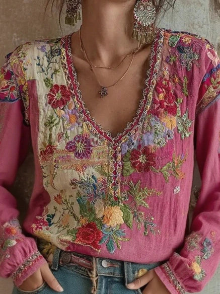 Women’s Cotton Linen Printed T-Shirt – Embroidered Boho 3/4 Sleeve Top - AllTrendMart - image 8