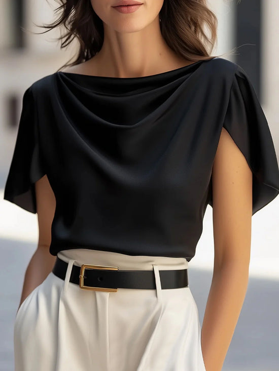 Women’s Draped Scoop Neck T-Shirt – Puff Sleeve Casual Loose Fit Top - AllTrendMart - image 1