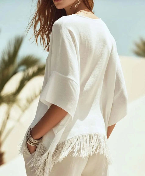 Women’s Tassel Cotton Linen T-Shirt – Loose Fit Batwing Sleeve Casual Top - AllTrendMart - image 4