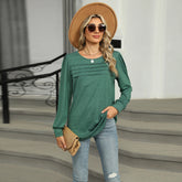 Women’s Pleated Long Sleeve Top – U-Neck Casual Solid Color T-Shirt - AllTrendMart - image 1